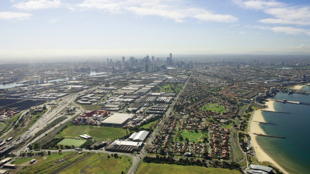 An aerial view of the land that will form the new suburbs of Fishermans Bend.