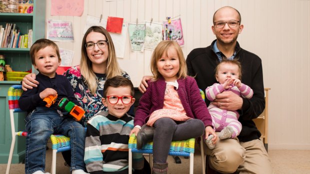 Mistin Arambula recently gave birth to her fourth child at home as part of the ACT government trial. Mistin and Juan with their children Caleb, 2, Gabriel, 5, Eden, 3, and Adelynn Rose Joy 3-months.