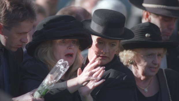 Carolyn Loughton at the funeral of her daughter, Sarah, a victim of the Port Arthur massacre, in 1996.

