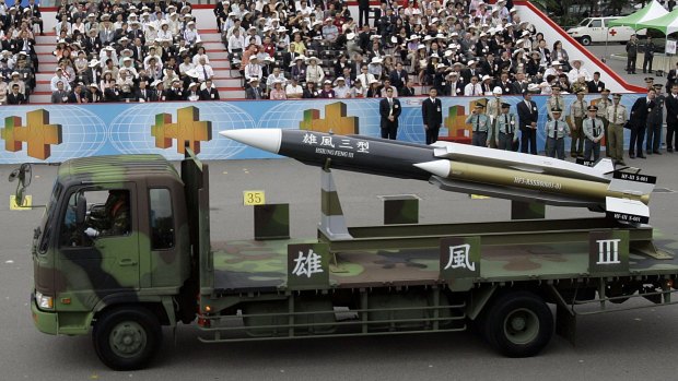 A model of Taiwan's indigenous Hsiung Feng III missile is displayed during the R.O.C., Republic of China, National Day in Taipei, Taiwan. Taiwan's Navy said that one of its 500-ton patrol boats based in southern Taiwan launched the supersonic anti-ship Hsiung Feng III missile by mistake.