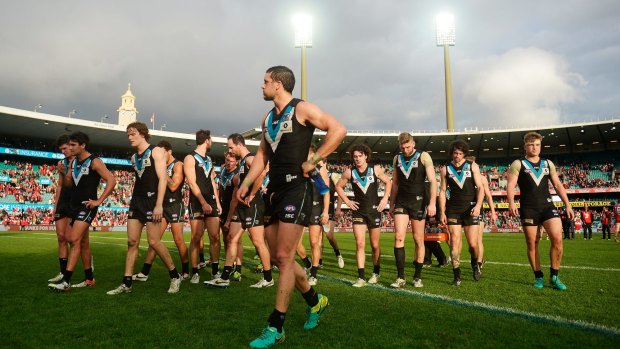 Power down: Port Adelaide players leave the SCG field after losing to Sydney.