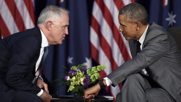 US President Barack Obama, right, and Australia's Prime Minister Malcolm Turnbull during their meeting in Manila on Tuesday ahead of the Asia-Pacific Economic Co-operation summit. 