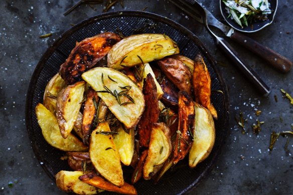 Roast potato wedges. 