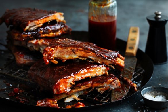 Sticky, slow-cooked Campari pork ribs.