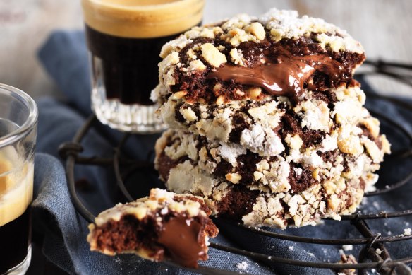 Gooey, chewy chocolate hazelnut cookies. For crunchier biscuits, adjust the baking time.