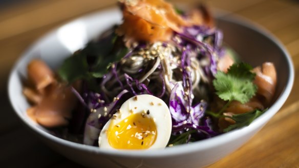 Japanese noodle salad with smoked salmon and ramen egg.