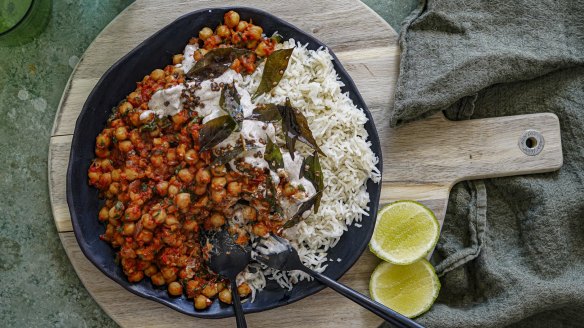 Thick chickpea stew with crispy curry leaves and spiced yoghurt.