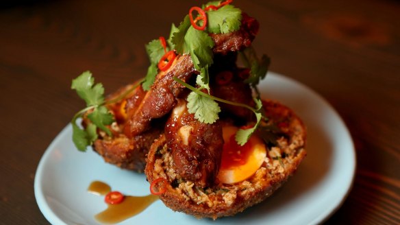 Brunch that packs a punch: Chicken and kaffir lime scotch egg at Magic Mountain Saloon.