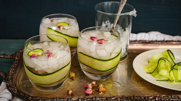 Cucumber rose gin spritz with black cardamom.