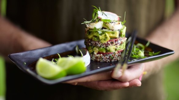 Scallops, quinoa and avocado stack with Japanese citrus dressing at Gaia Retreat &amp; Spa, Byron Bay. 
