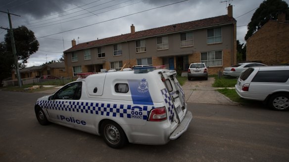 Police drive past the house in Perth Street, West Heidelberg where Sanaya Shaib had been living.