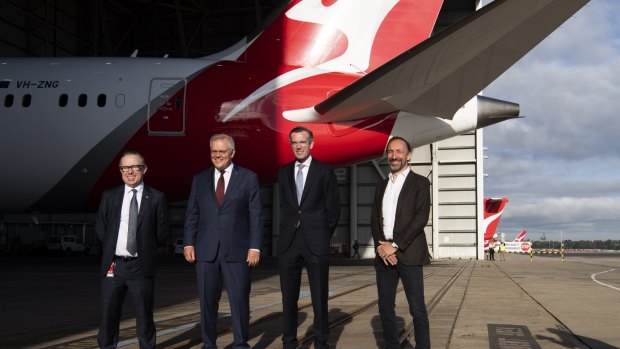 Qantas CEO Alan Joyce, Prime Minister Scott Morrison, NSW Premier Dominic Perrottet and Jetstar CEO Gareth Evans announce the changes on Friday morning. 