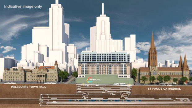 An artist's impression of the City Square and the Metro Tunnel to be built beneath it and Swanston Street. 