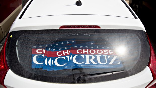Campaign signs in the back of a vehicle outside a campaign office for Senator Ted Cruz in Waukesha, Wisconsin, on Tuesday.