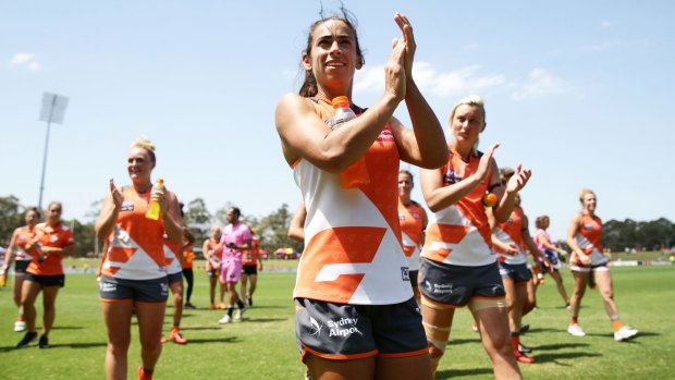 Tense finish: Amanda Farrugia and the rest of her Giants team had Aimee Schmidt to thank for helping them avoid defeat against Fremantle.