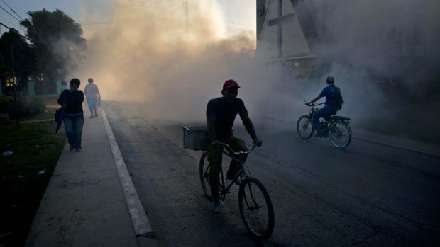 People make their way through pest-control fog, sprayed to kill Aedes Aegypti mosquitos in Cuba in March. 