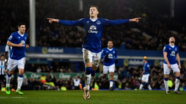 Ross Barkley of Everton celebates after scoring his team's third goal from the penalty spot.