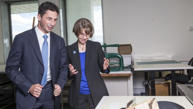 National Library Chairman Ryan Stokes and director-general Anne-Marie Schwirtlich with items from the National Library's collection that will be displayed with the Rothschild Prayerbook. 