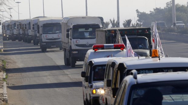 A convoy of trucks loaded with humanitarian supplies are heads to the besieged town of Madaya, some 45 kilometers from Damascus on January 14.