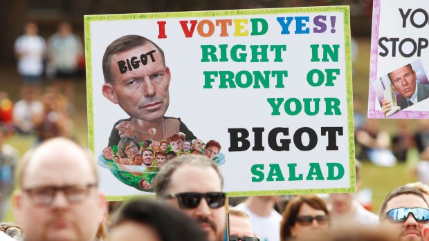 A placard depicting former prime minister Tony Abbott at a marriage-equality rally in Sydney last month.