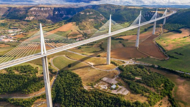 The Millau Viaduct by architect Norman Foster, between Causse du Larzac and Causse de Sauveterre and above Tarn, Aveyron, in France. 