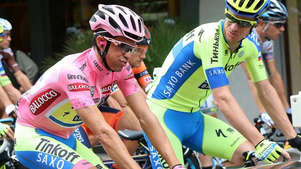 Spain's Alberto Contador, wearing the pink jersey of leader of the race, and his teammate Michael Rogers during the 11th stage of the Giro D'Italia.