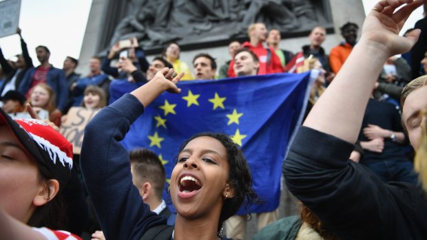 British protesters gather on Tuesday to demonstrate against the EU referendum result in Trafalgar Square.