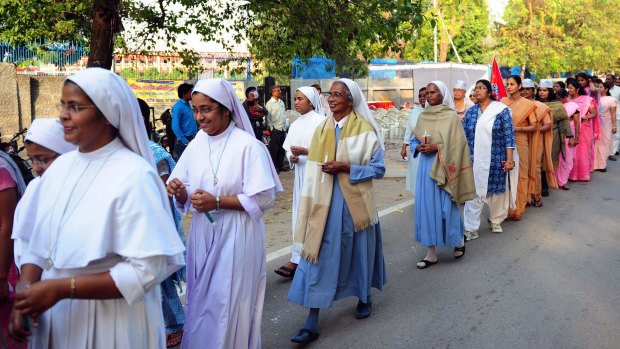 Indian nuns march for peace on International Women's Day in Allahabad.