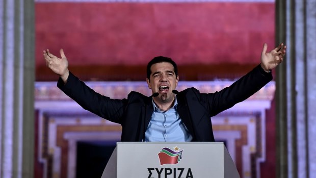 Winner: Syriza leader Alexis Tsipras greets supporters.