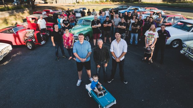 Motoring enthusiasts are not happy about the ACT government's decision to close Lonsdale Street during the Summernats weekend. Front, Josh Summers, Ken Hansen, Andrew Wall MLA, and Tyler Hartcher, 3.