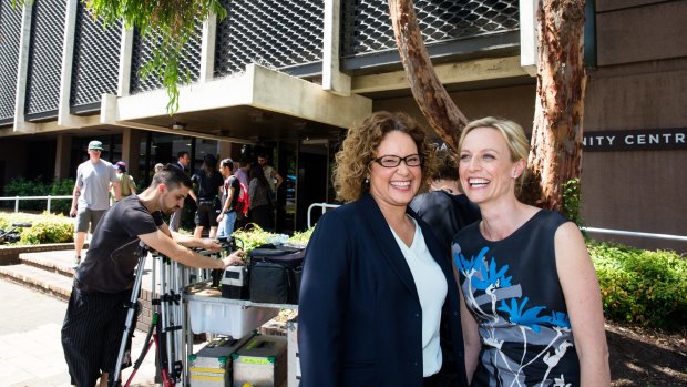 Marta Dusseldorp and Leah Purcell during a break in filming television series Janet King in Bankstown.