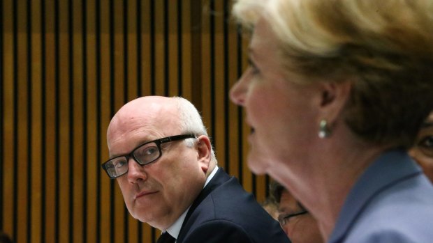 Attorney-General George Brandis and Australian Human Rights Commission president Professor Gillian Triggs during a Senate hearing at Parliament House in Canberr.