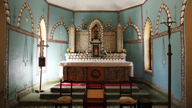 The altar decorated with mother-of-pearl shell in Sacred Heart Church, Beagle Bay.