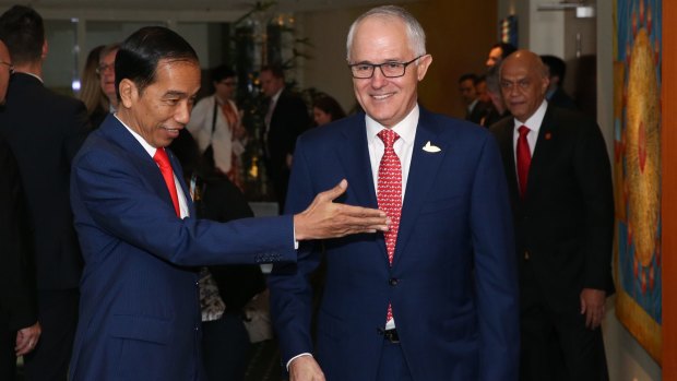 Prime Minister Malcolm Turnbull with Indonesian President Joko Widodo in Hamburg, Germany, as part of the G20.