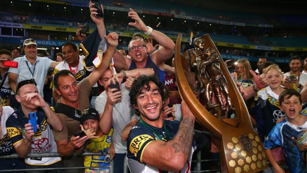 Cowboys captain Johnathan Thurston with the Premiership trophy.