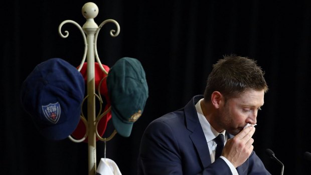 Great mate: Michael Clarke pauses during his speech at Phillip Hughes' funeral.