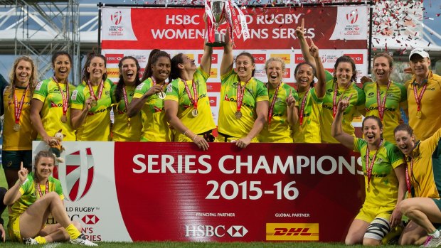 The Australian women's sevens team celebrates its maiden World Series title.