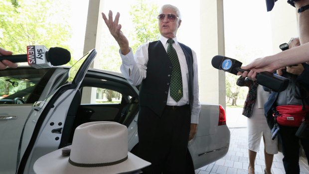 Independent MP Bob Katter arrives at the High Court to show his support for Senator Rod Culleton on Monday.