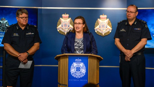 Assistant Commissioner Luke Cornelius (left) pictured with Victorian Equal Opportunity Human Rights Commissioner Kate Jenkins and Chief Commissioner Graham Ashton in 2015 after its report into sexual harassment in the police force was handed down.