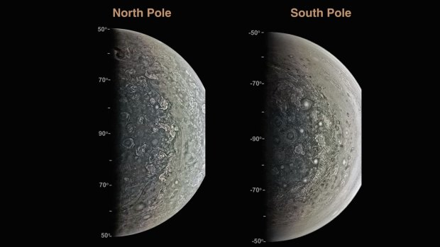 The north and south poles of Jupiter as photographed by NASA's Juno spacecraft. The chaotic swirls are cyclones of ammonia gas, some more than 1000 kilometres across.