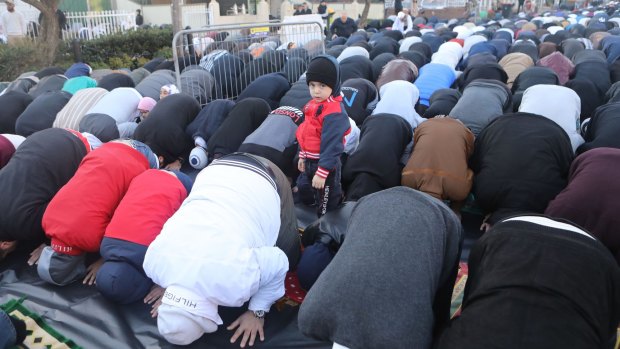 Muslims pray at Lakemba Mosque.