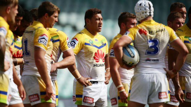 Outgunned: The Raiders feel the pain against the Roosters at the weekend.