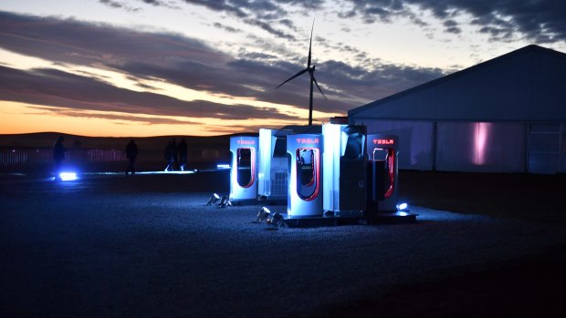 A Tesla car charging station at the wind and solar battery plant outside Jamestown, South Australia.