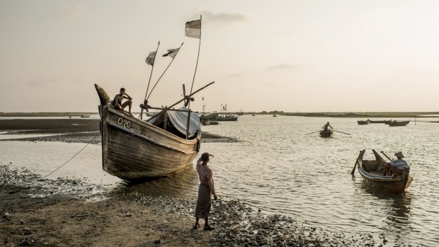 Poor prospects: Fishing boats in Thae Chaung Cove, near several refugee camps on the coast of Rakhine State.