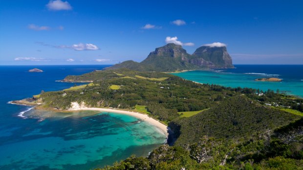 View south over Lord Howe Island with the peaks of Mount Lidgbird and Mount Gower in the distance.