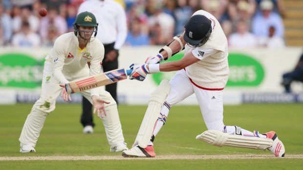 Stuart Broad is caught by Australia's Josh Hazelwood (not pictured) off the bowling of Nathan Lyon.