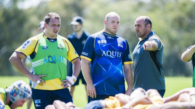 Wallabies scrum coach Mario Ledesma, right, worked with the Brumbies forwards on Tuesday.