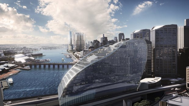 A proposed hotel and apartments complex will stand between expressways and be bracketed by Sydney Harbour and public spaces.