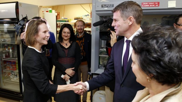 Premier Mike Baird and Minister for Medical Research Pru Goward meet Professor Jennifer Martin at Newcastle's Calvary Mater Hospital.