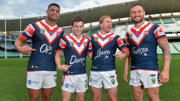 Happier times: Roosters players Daniel Tupou, Luke Keary, Mitchell Aubusson and Jared Waerea-Hargreaves have a reason to smile this season.
